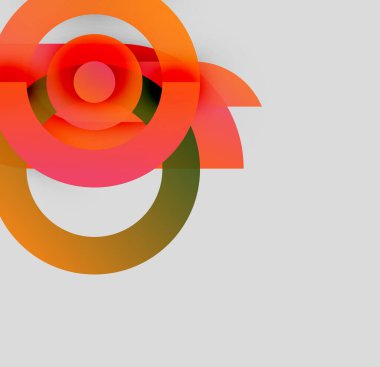 Soyut tasarım özellikleri üst üste binen dairesel şekiller. Turuncu, kırmızı, kahverengi renkler nötr gri arka plana hakim. Modern, minimalist estetik.