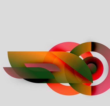 Soyut kompozisyon. Üst üste binen şekiller, canlı renkler, dinamik tasarım. Modern estetik, temiz çizgiler, eğim etkileri.