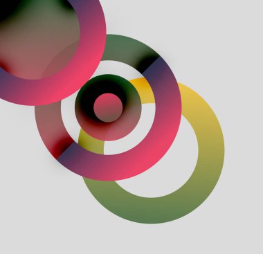 Soyut renkli daireler çakışıyor, dinamik görsel kompozisyon oluşturuyor. Yumuşak eğimler derinlik ve biçim öneriyor. Minimalist tasarım.