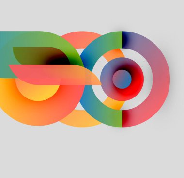 Soyut renkli şekiller örtüşür, dinamik görsel kompozisyon yaratır. Çemberler, döngüler, gradyanlar kusursuz bir şekilde harmanlanır. Modern tasarım ögesi.