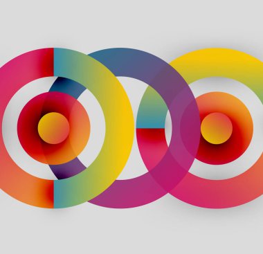 Renkli üst üste binen daireler soyut tasarım yaratır. Gradyan renkler harmanlanır ve dinamik görsel kompozisyon oluşturur. Basit şekiller, modern estetik..