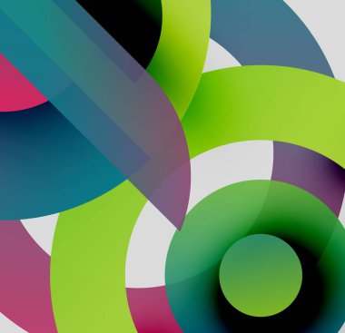 Soyut kompozisyon. Üst üste binen renkli çemberler, gradyanlar dinamik görsel efekt yaratır. Modern tasarım, canlı renkler egemen..