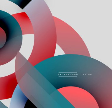 Soyut daireler çakışıyor, dinamik görsel etki yaratıyor. Kırmızı, mavi, gri tonlar kompozisyona hakim. Modern tasarım ögesi.