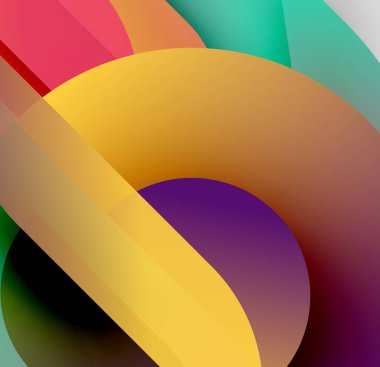 Soyut kompozisyon. Üst üste binen renkli şekiller dinamik görsel efekt yaratır. Gradyanlar derinlik ve biçim öneriyor. Modern tasarım.