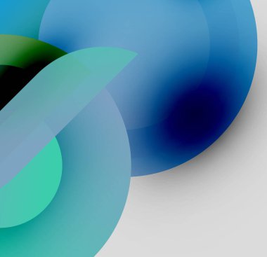 Soyut şekiller örtüşür, yumuşak eğimler yaratır. Maviler, yeşiller kompozisyona hakim. Minimalist tasarım, sakin duyguları çağrıştırır..