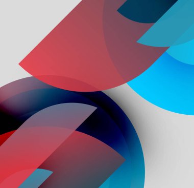 Soyut kompozisyon. Üst üste binen renkli şekiller dinamik görsel efekt yaratır. Kırmızı, mavi, gri tonlar tasarımda baskın. Modern estetik.