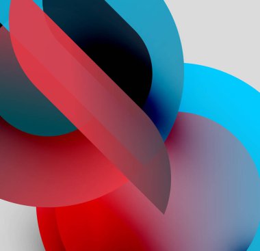 Soyut şekiller örtüşür, canlı renk karışımları yaratır. Kırmızı, mavi, siyah baskın kompozisyon. Minimalist tasarım, pürüzsüz gradyanlar.