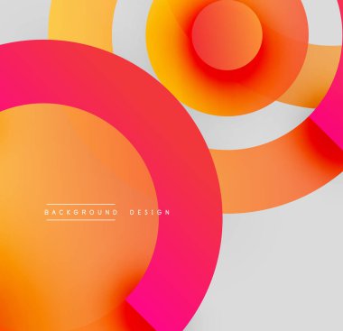 Soyut çemberler çakışıyor, canlı gradyanlar yaratıyor. Sıcak renkler dizaynın baskın renkleri, pembe, portakal ve sarılar. Minimalist estetik, temiz çizgiler mevcut.