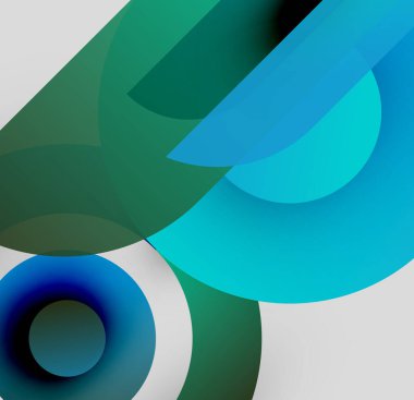 Soyut kompozisyon. Üst üste binen daireler, dikdörtgenler dinamik görsel efekt yaratır. Havalı renk paleti görüntüye hakim. Minimalist tasarım.