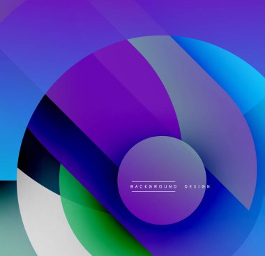 Soyut kompozisyon. Üst üste binen daireler canlı gradyanlar, maviler, morlar, yeşiller yaratır. Modern tasarım, pürüzsüz geçişler, dinamik şekiller.