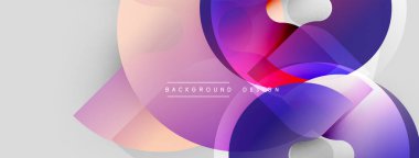 Soyut tasarım özellikleri üst üste binen daireler, gradyanlar. Pembe, mor, mavi renkler kompozisyona hakim. Modern estetik, temiz çizgiler sunar.