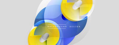 Soyut geometrik şekiller örtüşür, dinamik görsel efekt yaratır. Sarı, mavi, beyaz renkler kompozisyona hakim. Modern tasarım ögesi.