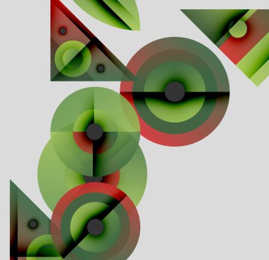 Soyut geometrik bileşim. Üst üste binen daireler, üçgenler dinamik görsel efekt yaratır. Yeşil, kırmızı renkler tarafsız arkaplanda baskın.