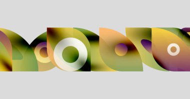 Soyut şekiller örtüşür, canlı renk karışımları yaratır. Çemberler, eğriler, gradyanlar bileşimi tanımlar. Modern tasarım, görsel uyum mevcut.