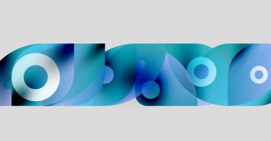 Soyut tasarım özellikleri üst üste binen mavi daireler, dikdörtgenler. Modern estetik, temiz hatlar, minimalist kompozisyon. Açık, koyu gölgeler mevcut.