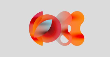 Soyut turuncu şekiller örtüşür, dinamik görsel kompozisyon yaratır. Yumuşak eğimler derinlik ve ışık etkileşimi olduğunu gösteriyor. Minimalist tasarım.