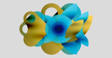 Soyut çiçek kompozisyonu. Üstüste binen şeffaf şekiller canlı renk karışımları yaratarak organik formları çağrıştırıyor. Yumuşak eğimler tasarıma hakim..