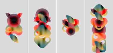 Soyut sanat eserleri. Dört panel üst üste binen renkli şekilleri gösteriyor. Sıcak, serin tonlar harmanlanarak, dinamik görsel efekt yaratır. Modern tasarım.