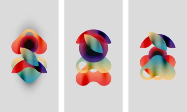 Soyut renkli şekiller örtüşür, dinamik kompozisyonlar oluşturur. Üç panelde benzer tasarımlar var, renk düzenleri biraz farklı. Yumuşak eğimler baskın gelir.