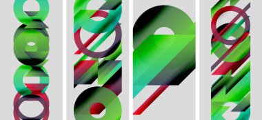 Soyut geometrik bileşim. Üst üste binen şekiller dinamik görsel efekt yaratır. Yeşil, kırmızı renkler tarafsız arkaplana hakim. Modern tasarım.