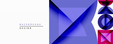 Soyut geometrik bileşim. Mavi gradyanlar baskın, katmanlı şekiller derinlik yaratır. Minimalist tasarım, beyaz alan, modern estetik. Canlı renkler, dinamik düzenleme.