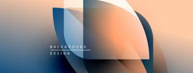 Soyut geometrik şekiller çakışıyor, yumuşak renk eğimleri yaratıyor. Arka planda sessiz şeftali rengi, mavi tonlar var. Minimalist tasarım unsurları.
