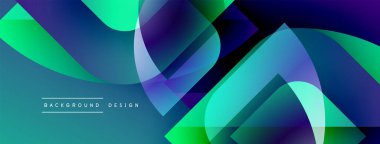 Soyut geometrik şekiller örtüşür, canlı gradyanlar yaratır. Mavi, yeşil, mor renkler tasarımda baskın. Modern estetik.