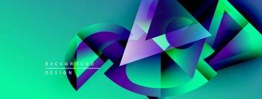 Soyut geometrik şekiller örtüşüyor, canlı turkuazlar yaratıyor, mor renkler. Modern tasarım elementleri dinamik enerji, görsel ilgi.