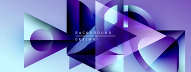 Soyut geometrik şekiller örtüşüyor, canlı mor ve mavi renkler yaratıyor. Modern tasarım elementleri dinamik hareket, görsel doku önerir.