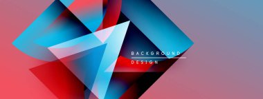 Soyut geometrik şekiller örtüşüyor, canlı renk eğimleri yaratıyor. Pembe, mavi, kırmızı renkler tasarımda baskın. Modern estetik.