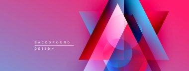 Soyut geometrik şekiller örtüşüyor, canlı renk eğimleri yaratıyor. Pembe, mor, mavi renkler dizaynda baskın. Mevcut en küçük metin.