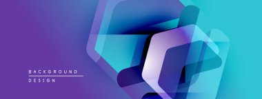 Soyut geometrik şekiller örtüşüyor, canlı mor ve mavi renkler yaratıyor. Modern tasarım teknoloji, yenilik, dinamik kompozisyon öneriyor.