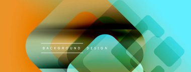 Soyut geometrik şekiller örtüşüyor, canlı renk eğimleri yaratıyor. Modern tasarım yuvarlak dikdörtgenler, deniz mavisi, turuncu renkler içerir.