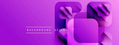 Mor gradyan arkaplan özellikleri katmanlı kareler, modern soyut tasarım yaratıyor. Metin arka plan tasarımı okur. Minimalist estetik.