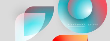 Soyut şekiller örtüşüyor, canlı renk değişimleri yaratıyor. Açık gri arkaplan karşıtlık sağlar. Modern tasarım elementleri temiz estetik sunar.