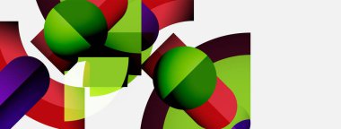 Renkli küreler, segmentler, eğriler içeren soyut bir kompozisyon. Şekiller örtüşür ve dinamik görsel efekt yaratır. Parlak renkler beyaz arkaplana hakim.