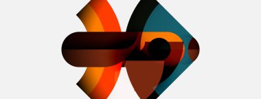 Soyut geometrik şekiller örtüşür, dinamik bileşim yaratır. Sıcak turuncu serin deniz mavisi, kahverengi aksanlar derinlik katıyor. Minimalist tasarım.