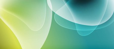 Soyut sıvı şekilleri harmanlanarak canlı yeşil, sarı ve mavi renkler yaratır. Yumuşak kıvrımlar hareketi, ışık etkileşimini gösterir. Minimalist tasarım.