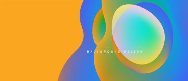 Soyut sıvı şekiller, canlı renklerin karışımı. Turuncu, mavi, yeşil gradyanlar modern tasarım yaratır. Metin arkaplan tasarımı okur.