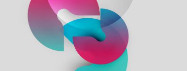 Soyut şekiller örtüşüyor, canlı renk değişimleri yaratıyor. Pembe, mavi renkler nötr arkaplana hakim. Modern tasarım, sıvı formlar mevcut.