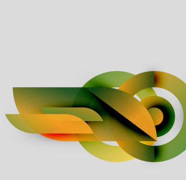 Soyut tasarım özellikleri üst üste binen yeşil, turuncu şekiller. Pürüzsüz gradyanlar dinamik görsel efekt yaratır. Minimalist kompozisyon, modern estetik.