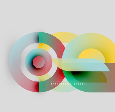 Soyut geometrik şekiller çakışıyor. Daireler, dikdörtgenler canlı renkli bileşimler oluşturur. Arka planlar için modern tasarım ögesi.