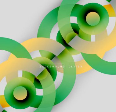 Soyut çemberler çakışıyor, dinamik eğimler yaratıyor. Sarı, yeşil renkler nötr arka plana hakim. Modern tasarım ögesi.