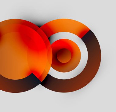 Soyut tasarım özellikleri üst üste binen turuncu daireler. Gradyan gölgeler derinlik yaratır, gri arkaplan karşıtlığı. Modern, minimalist kompozisyon.