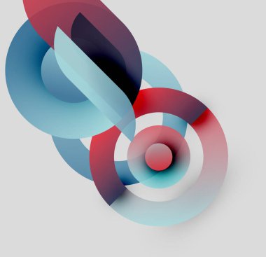 Soyut kompozisyon. Üst üste binen yarı saydam çemberler, dinamik görsel efekt yaratır. Kırmızı, mavi, beyaz renkler tasarımda baskın. Minimalist stil.