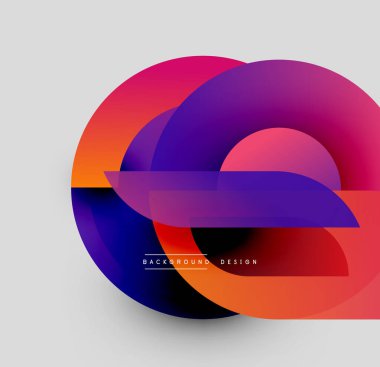 Soyut renkli çakışan daireler dinamik bileşim oluşturur. Gradyan renkler harmanlanarak modern görsel deneyimi oluşturur. Mevcut en küçük metin.