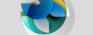 Soyut kompozisyon. Üst üste binen yarı saydam çemberler, dinamik görsel efekt yaratır. Serin maviler sıcak sarılar ve yeşilliklerle harmanlanır. Minimalist tasarım.