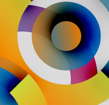Soyut renkli daireler çakışıyor, dinamik görsel efekt yaratıyor. Parlak renkler harmanlanır, modern kompozisyonu oluşturur.