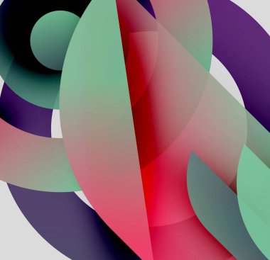 Soyut kompozisyon. Üst üste binen şekiller canlı renk değişimleri yaratır. Modern tasarım, pürüzsüz geçişler, dinamik görsel etki.