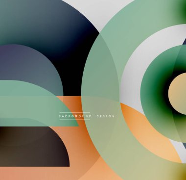 Soyut daireler üst üste binerek katmanlı görsel efekt yaratır. Renkler turuncu, yeşil, mavi, gri. Modern tasarım ögesi.